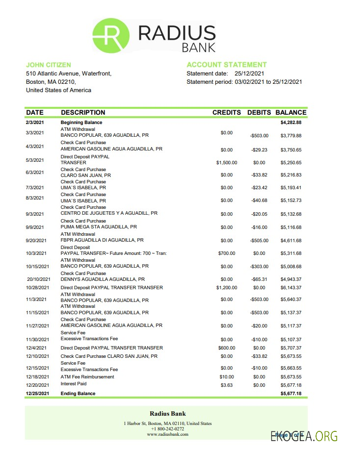 États Unis Massachusetts Radius Bank excel pdf